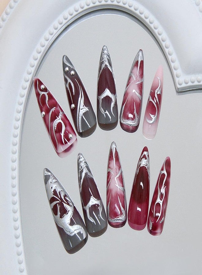 OSTTMA 24Pcs Gothic Press on Nails Long Stiletto Fake Nails Punk Metal False Nail Irregular Lines Y2k Metallic Heart Nails Tips Black Silver Red Gradient Full Cover Glue Stick on Nails for Women - Image 4